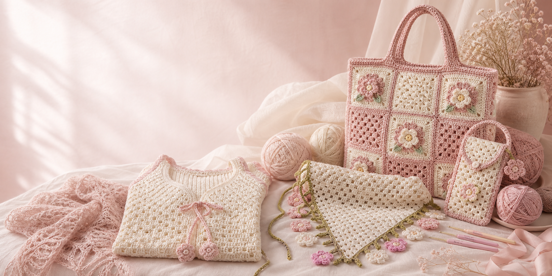 Пастельные розово-молочные crochet-изделия, пряжа и цветы в студийной композиции