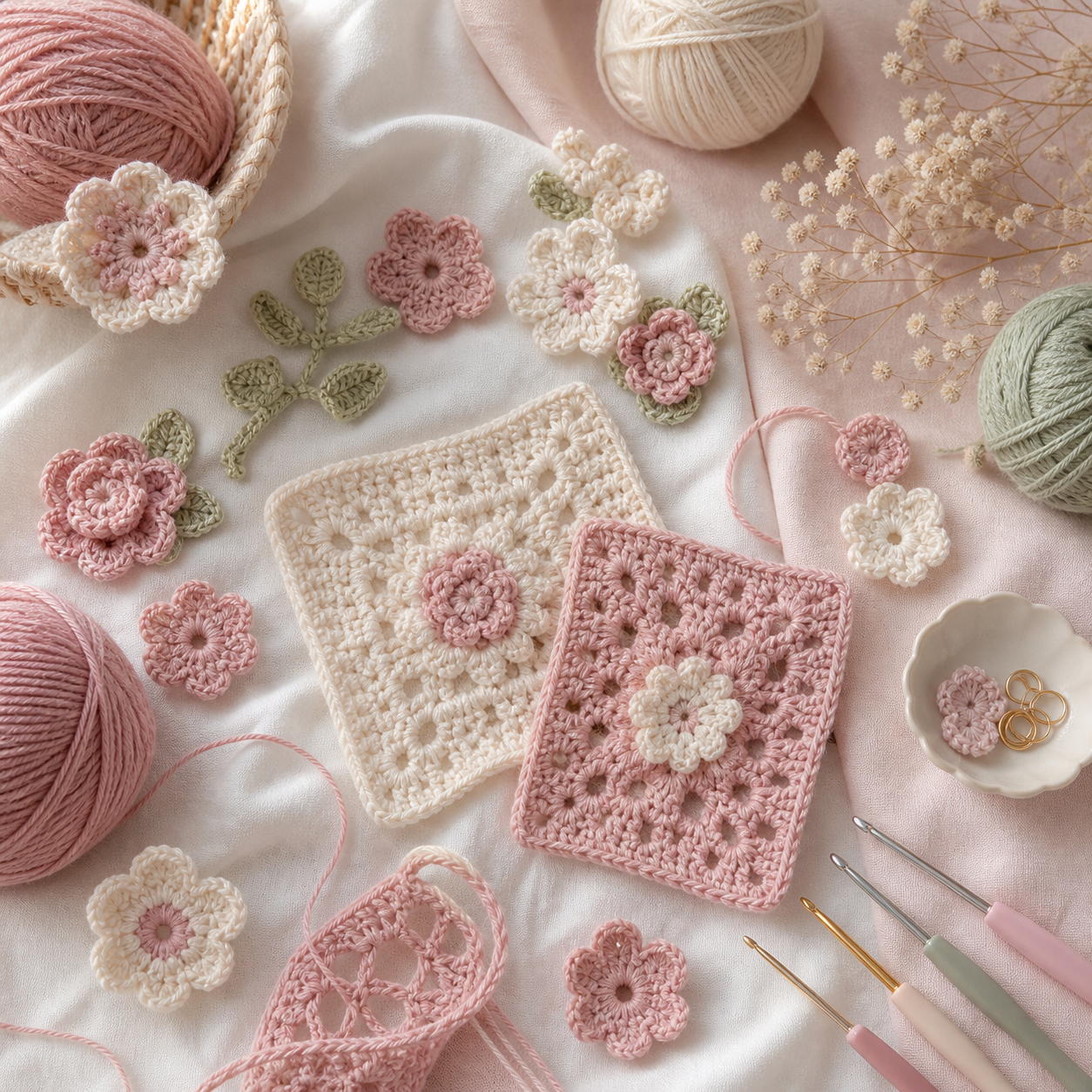 Розово-молочная crochet-композиция с пряжей и цветами
